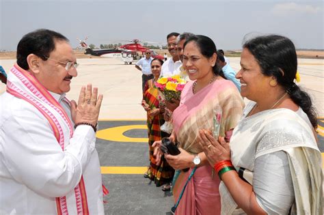 Grand Welcome Of Honble Bjp National President Shri Jp Nadda On Arrival At Shivamogga Airport