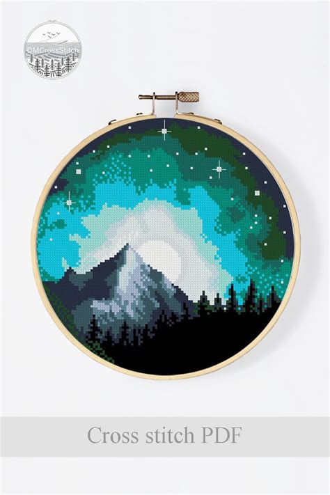 Starry Night Sky Modern Cross Stitch Pattern Pdf Mountain Landscape