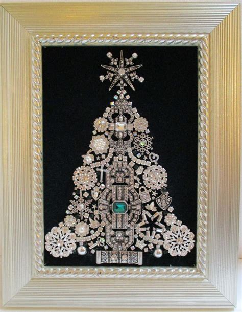 Jeweled Framed Jewelry Art Christmas Tree Dark Green Silver Deco Rhinestone Detailed Fabulous