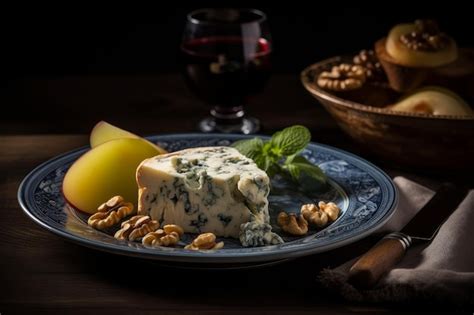 Un Queso Azul Con Peras Y Nueces En Un Plato Foto Premium