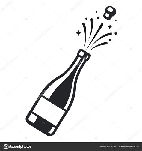 Champagne Bottle Pop Open Cork Sparkles Elegant Black White Logo Stock