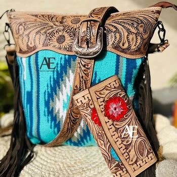 New Western Traditional Style Aztec Tooled Leather Handbag Women Tooled