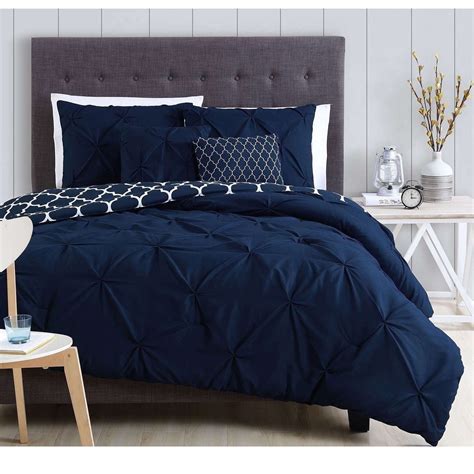 Queen King Bed Navy Blue White Geo Pinch Pleat Pintuck 5pc Comforter