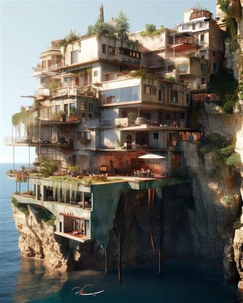 Premium AI Image | a house on a cliff with a beach and ocean view.