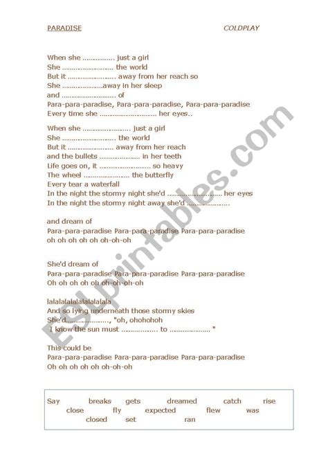 Paradise By Coldplay Gap Fill Activity ESL Worksheet By Plabrosse