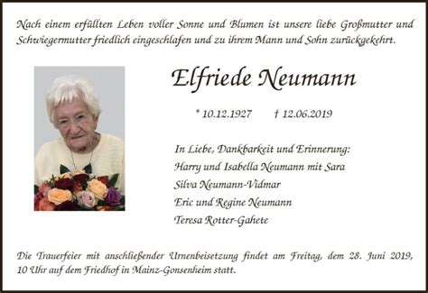 Traueranzeigen Von Elfriede Neumann Vrm Trauer De