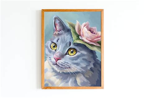 Russian Blue Cat Art Print Floral Cat Portrait Cat Breed Wall Art - Etsy