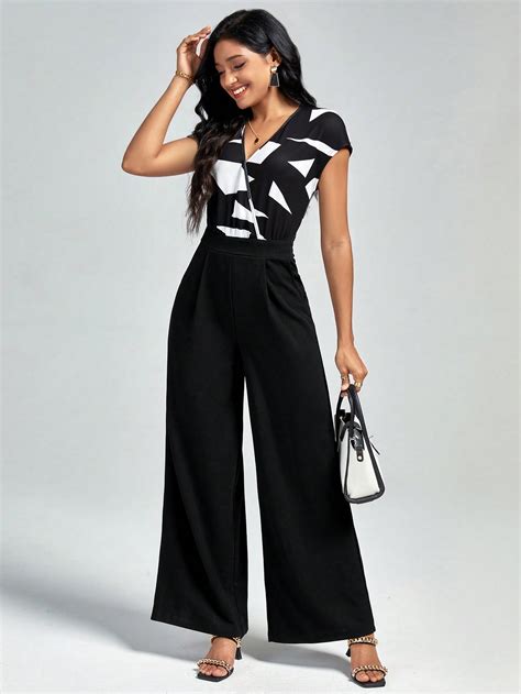 Shein Clasi Graphic Print Surplice Neck Wide Leg Jumpsuit Shein Uk