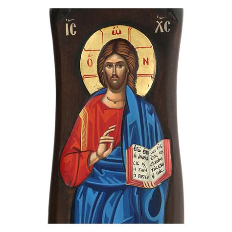 Icona Dipinta Mano Foglia Oro Greca Cristo Pantocratore 60X20 Cm