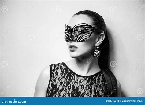 Beautiful Woman With Black Lace Mask Over Her Eyes Red Lips And Nails