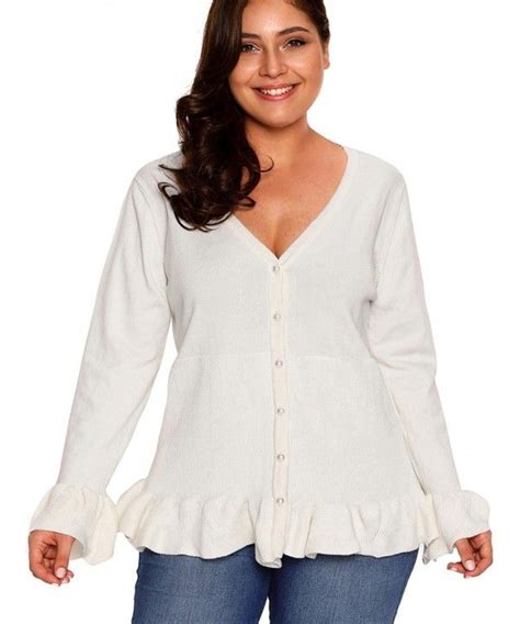 Plus Size Ruffled Button Knit Cardigan White 3h86361012 White Cardigan Cardigan Sweaters