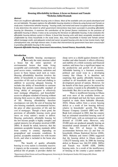 Housing Affordability In Ghana A Focus On Kumasi And Tamale Nicholas