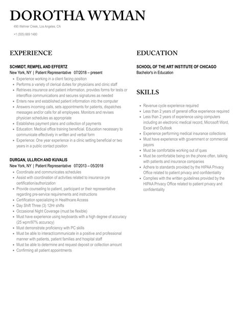Patient Representative Resume Samples | Velvet Jobs