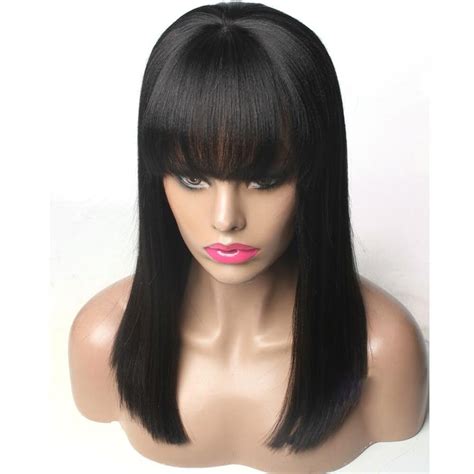 Yaki Straight Lace Front Wig With Bangs 100 Human Hair Natural Color