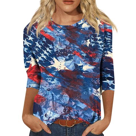 Wangxldd Star Stripes American Flag Shirt For Women 4th Of July Three Quarter Sleeve Patriotic