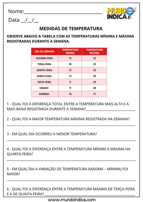 Medidas De Temperatura 4 Ano - Atividades de Matemática 4º Ano sobre Medidas de Temperatura para ...