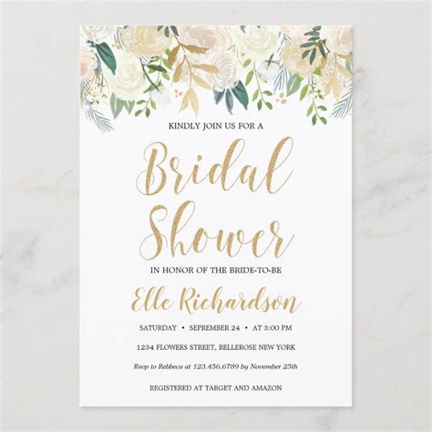 Ivory Floral Gold Glitter Cream Boho Bridal Shower Invitation Zazzle