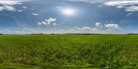 Full Seamless 360 Hdri Panorama View Among Farming Field With Sun And