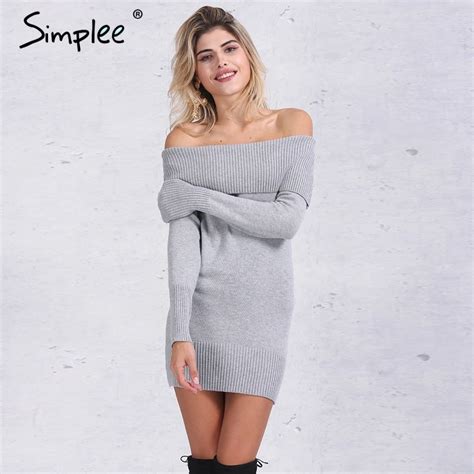 Simplee Winter Off Shoulder Knitted Bodycon Dress Women Long Sleeve