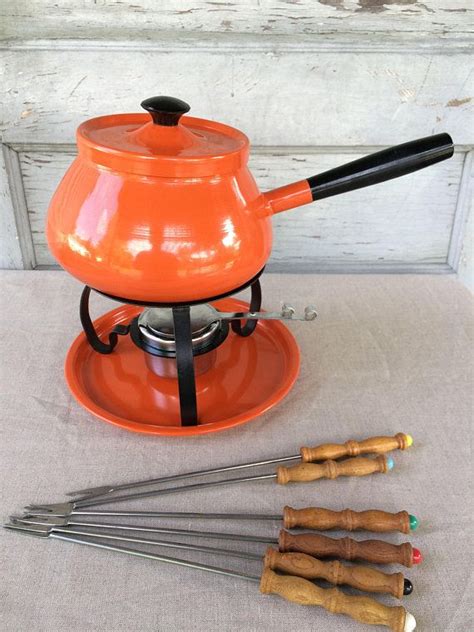 Vintage Orange Enamel Fondue Set Fondue Pot And 6 Forks Retro Kitchen