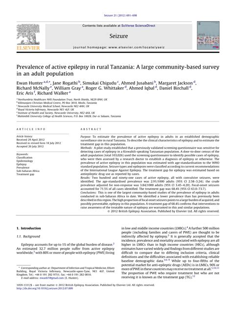 Pdf Prevalence Of Active Epilepsy In Rural Tanzania A Large