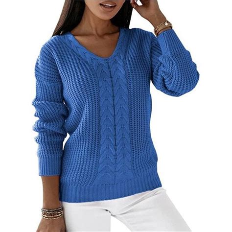 Capreze Winter Warm Sweater Jumper for Women Cable Knitted Tops Casual Long Sleeve V Neck ...