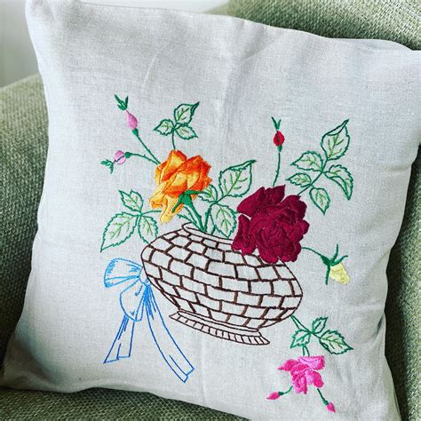 Hand Embroidered Vintage Cushion Cover Raised Embroidery Etsy