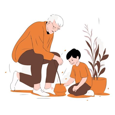 Premium Vector Grandfather And Grandson Doing Gardening Together On