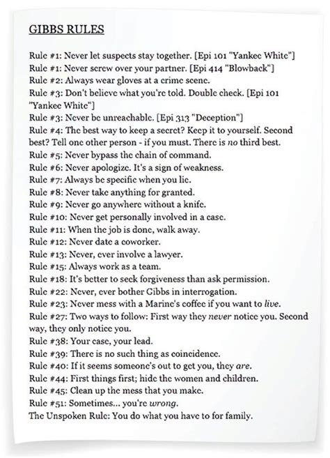 Ncis Gibbs' Rules Printable List