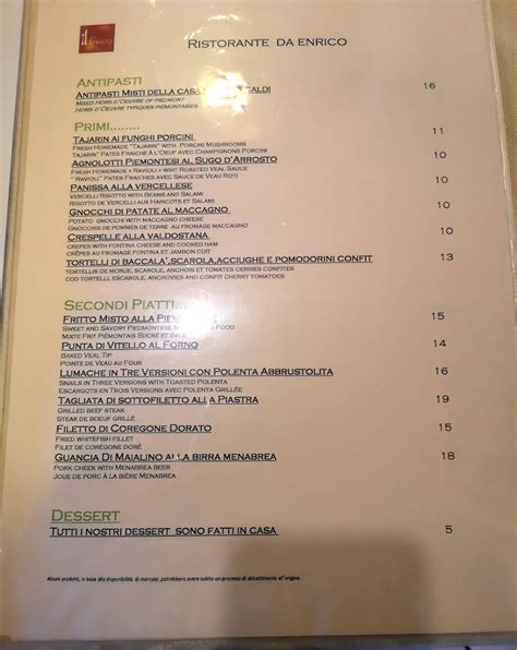 Menu Da Ristorante Da Enrico Zimone