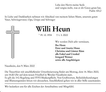 Traueranzeigen Von Willi Heun Vrm Trauer De