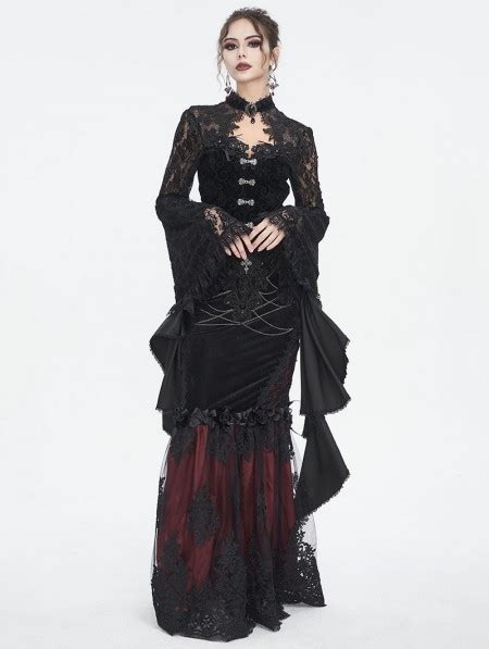 Eva Lady Black Vintage Gothic Hollow Out Lace Trumpet Sleeve Short