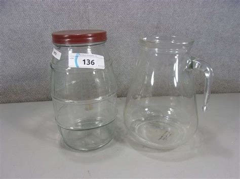 LARGE PRESSED GLASS PITCHER PRESSED GLASS BARREL SHAPED MASON JAR