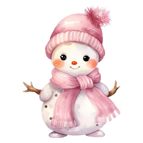 Adorable Snowman With Pink Hat and Scarf PNG Watercolor, Clip Art, Twig ...