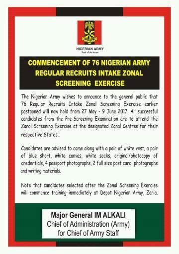 Nigerian Army Rri Zonal Screening Exercise Commencement Date