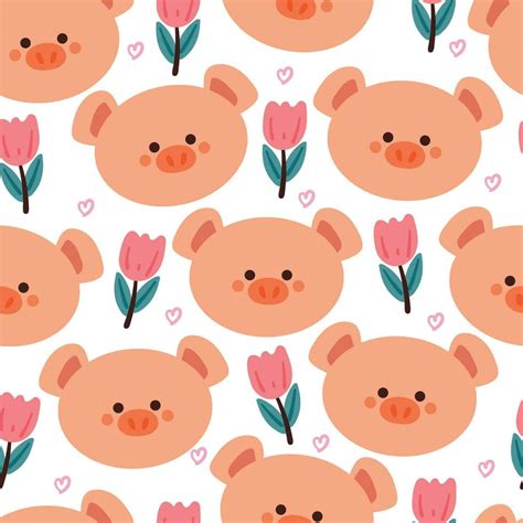 seamless pattern cartoon pig and pink tulip flower. cute animal wallpaper for textile, gift wrap ...