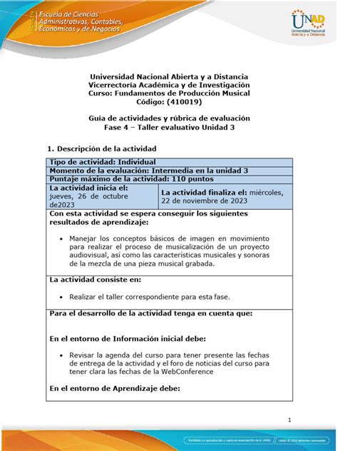 Guía De Actividades Y Rúbrica De Evaluación Unidad 3 Fase 4 Taller Evaluativo Unidad 3