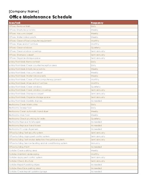 Facility Maintenance Schedule Excel Template – printable schedule template