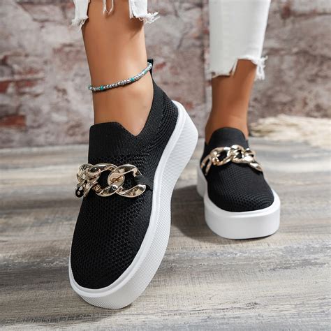 FZM Women shoes Ladies Fashion Solid Color Mesh Metal Chain Decorative Platform Casual Shoes ...