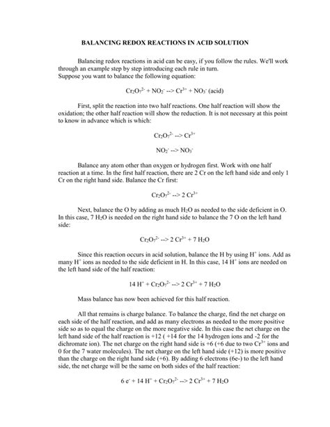 BALANCING REDOX REACTIONS IN ACID SOLUTION