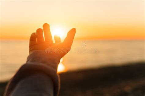 Hand Reaching for Sun. Sunset Sun Over the Sea. Stock Photo - Image of ...