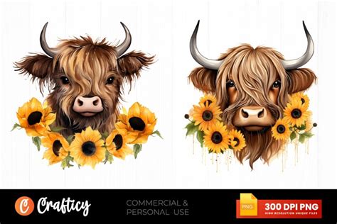 Watercolor Sunflower Highland Cows Collection Clipart Png