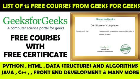 Geeks For Geeks 15 Free Courses Geeks For Geeks Free Certificate Python Html Dsa