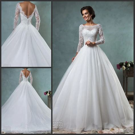 Wedding Dresses Bateau Neckline Lace Long Sleeves Beaded