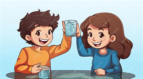 Premium Photo Boy And Girl Drinking A Glass Of Water Hand Drawn In Thin Line Style Illustrations