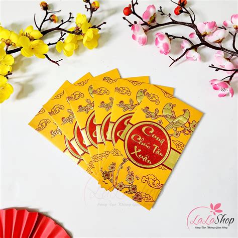 Combo 6 Bao Lì Xì In Nổi 3D Màu Vàng Cung Chúc Tân Xuân