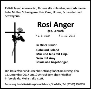 Traueranzeigen Von Rosi Anger Trauer Anzeigen De