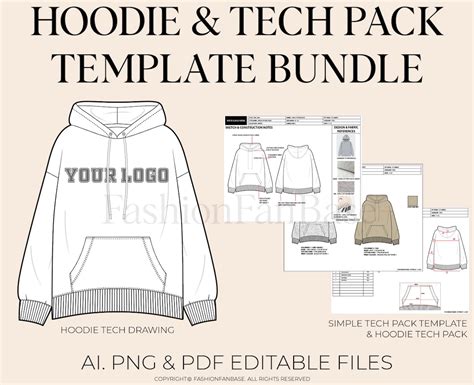 Hoodie Tech Pack Template Kit Unisex Hoodie Flat Brand Mock Up Fashion