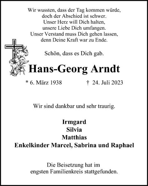 Traueranzeigen Von Hans Georg Arndt Trauer In Nrw De