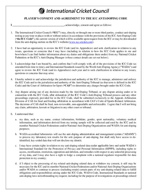 Fillable Online Icc Anti Doping Player Consent And Agreement Form Fax